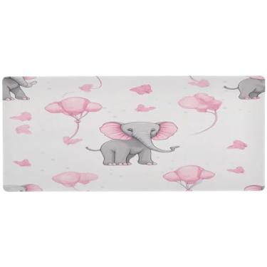 Imagem de Wassud Tapete de mouse rosa cinza elefantes para jogos com base de borracha antiderrapante, mouse pad longo para teclado de computador com borda costurada, almofada grande à prova d'água para