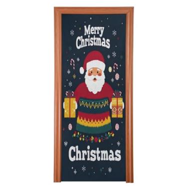 Imagem de Wassud Capa de porta de Natal para decoração de banner 81 x 199 cm grande estampa de Papai Noel feliz capa de porta interna elástica para varanda porta da frente