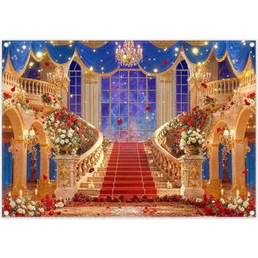 Imagem de YCUCUEI 2,1 x 1,5 m Tecido Dia do Amor Casamento Hall Pano de Fundo Glitter Escadaria Dourada Floral Rosa Fundo Fotográfico Decorações de Festa Romântica Banner Cabine de Fotos