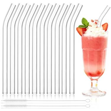 Imagem de BIEOFFEI Pacote com 10 canudos de vidro reutilizáveis dobrados 23 cm x 12 mm, canudos de vidro transparente com 2 escovas de limpeza para smoothies, milkshake, café, suco, coquetéis