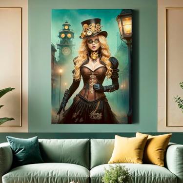Imagem de PUREVACY Impressão artística de mulher Steampunk Imagens em tela industrial. Pinturas decoração de parede. Arte de parede em tela. Decoração de estilo vitoriano para tamanho de parede 30 x 45 cm / 12
