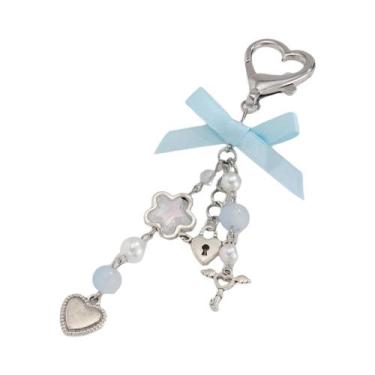 Imagem de Chaveiro Charm Estrela Com Laço Azul Moda Feminina Imitando Pérola Pin