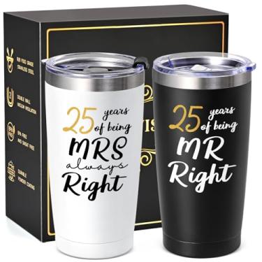 Imagem de Lifecapido 25º Presentes de casamento, presentes de casal para pais, amigos, esposa Hunsband, 25th Mr Right & Mrs Always Right conjunto de copos com tampa e canudo (590 ml, preto e branco)