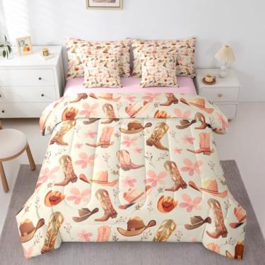 Imagem de Conjunto de edredom de casal caubói rosa com lençol para adolescentes, meninas e crianças, conjunto de cama com 7 peças de botas de caubói fofas para cama em uma bolsa, estilo boêmio, estilo boêmio