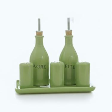 Imagem de Galheteiro Gourmet 6 Peças em Cerâmica Elegância e Organização para sua Mesa Posta,Bandeja e Bico Dosador – Porta Azeite, Vinagre, Sal,Pimenta e paliteiro (VERDE)