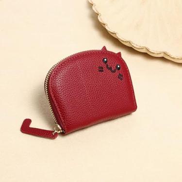 Imagem de Carteira feminina pequena de couro sintético, porta-cartões de crédito resistente à água, aparência de gato fofo, Vinho tinto, Tendência