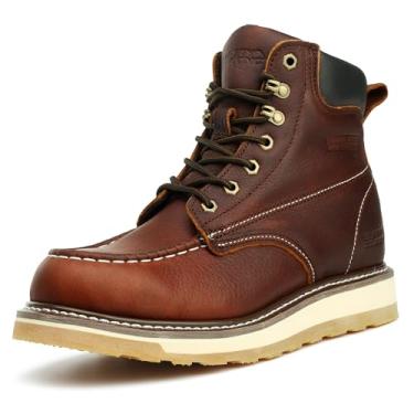 Imagem de SAFETY LOONG Moc Toe Bota de trabalho masculina, impermeável, macia/bico de aço, confortável, couro de flor integral, antiderrapante, estrutura com sola de plataforma de 15 cm, Bico de aço marrom, 46