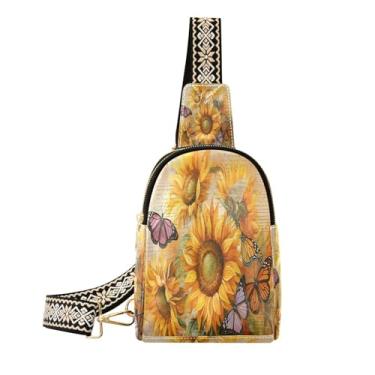 Imagem de CEBUGI Pochete feminina vintage girassóis borboleta pequena bolsa tiracolo de couro para trilhas, viagens ao ar livre