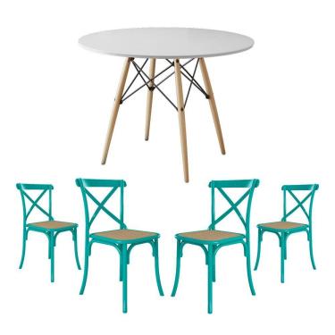 Imagem de Conjunto De Mesa Eiffel Redondo Tampo De Madeira 90Cm Branco Com 4 Cadeiras Katrina Azul Turquesa