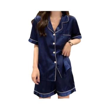 Imagem de Conjunto De Pijamas De Verão Feminino Em Cetim Sólido, Confortável, De