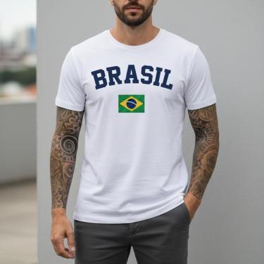 Imagem de Camiseta Masculina Branca Oficial Seleção Brasileira Algodão 100% Bandeira do Brasil no Peito-Masculino