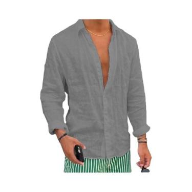 Imagem de Camisa Masculina Slim Fit De Algodão E Linho Manga Longa Casual Cor Só