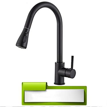 Imagem de Torneira de cozinha preta com furo único, bico retrátil para pia de cozinha, torneira misturadora, fluxo, rotação da cabeça do pulverizador, torneira misturadora de água quente e fria, preta