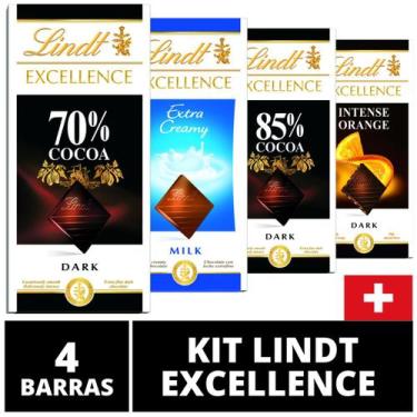 Imagem de 4 Barras, Chocolate Suiço Lindt Excellence, Cacau Nobre, Sabores Sorti