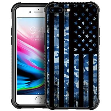 Imagem de Yesad Compatível com capa para iPhone 7/8, camuflagem azul bandeira americana TPU macio à prova de choque capa traseira de vidro temperado para Apple iPhone 7/8
