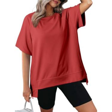 Imagem de Dokotoo Camisetas grandes femininas gola redonda manga curta casual verão blusa leve solta alta baixa, Vermelho, XXG