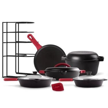 Imagem de Cuisinel Conjunto de panelas pré-temperadas de ferro fundido com 17 peças - frigideiras de 20 cm + 25 cm + tampas + forno holandês de 5 litros + brasão de 30 cm com tampa de ferro fundido + grelha