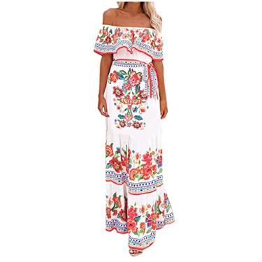 Imagem de Vestidos femininos vintage franzidos verão outono manga curta ombro vazado flor maxi longo solto fit vestidos femininos 2024, F-827 Branco, G