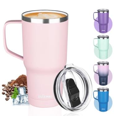 Imagem de Caneca de café isolada de 590 ml com revestimento cerâmico, caneca de viagem de aço inoxidável com alça e palha, caneca térmica de viagem à prova de vazamento de parede dupla mantém a bebida quente e