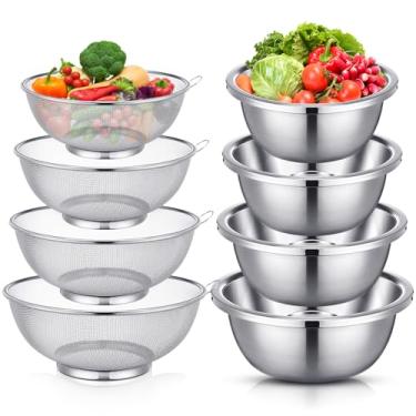 Imagem de RimCereal Conjunto de 8 peças de escorredor microporoso de aço inoxidável com 1,2 qt 2qt 3qt 5qt capacidade coador com tigelas de metal, tigela de limpeza de frutas com filtro para drenar macarrão,