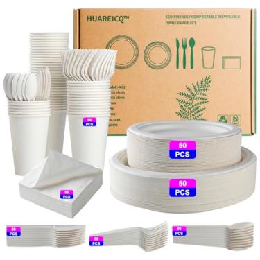 Imagem de Huareicq Conjunto de louça descartável ecológico definitivo – 350 itens de talheres, pratos de papel resistentes, copos e guardanapos, compostável, biodegradável, livre de BPA, perfeito para reuniões