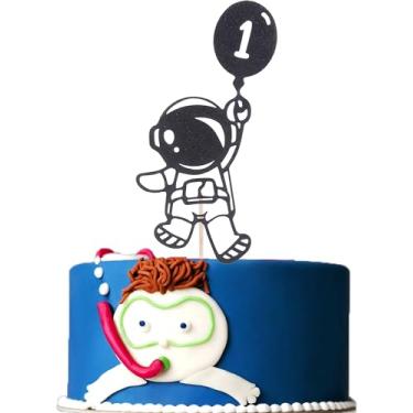 Imagem de Astronaut Cake Topper 1st Birthday - First Trip Around The Sun Cake Topper, Black Glitter Outer Space One Birthday Themed Party Decoration