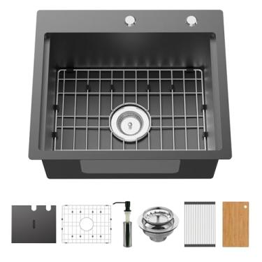 Imagem de Pia de cozinha preta com tampa contra poeira, pia de aço inoxidável de 53 x 45 cm com borda embutida para estação de trabalho que cobre totalmente a pia para manter a limpeza do traje de cozinha