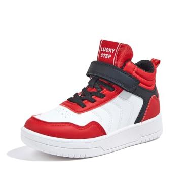 Imagem de LUCKY STEP Tênis infantil de cano alto, moderno, basquete, tênis, skyhigh para corrida, esportes, cano baixo, gancho e laço, tênis de caminhada casual para meninos e meninas, Vermelho, 16