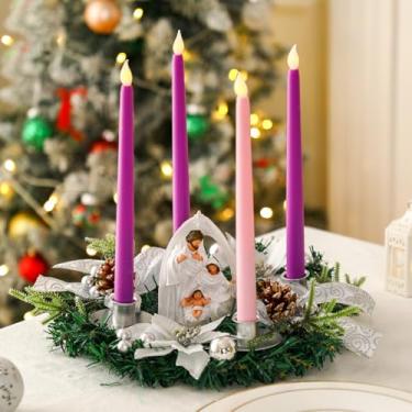 Imagem de Jingmore 6 kits de suporte de velas do advento de Natal, inclui suporte de vela de guirlanda do advento de 30 cm, estatueta de escultura de presépio e 4 velas de LED do advento para decorações de mesa