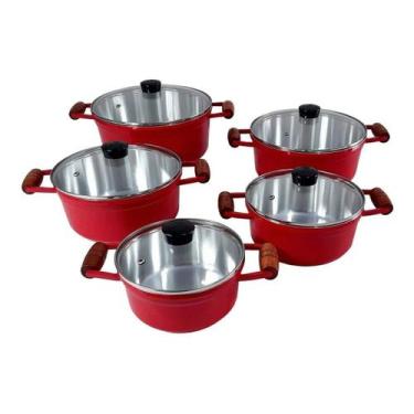 Imagem de Conjunto De Panelas Caçarolas Cava 5 Peças Tampa De Vidro Vermelha