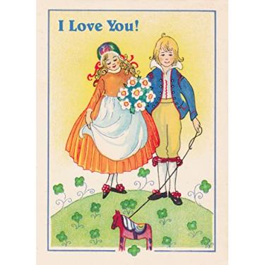 Imagem de PIXILUV Cartão de felicitações I LOVE YOU ~ Menino e menina com um cavalo de brinquedo em roupas antigas ~ Cartão de felicitações vintage grande de desejos de aniversário