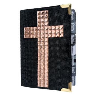 Imagem de Bíblia Pedrarias Strass Preto Cruz Com Abas coladas com Indice e Harpa