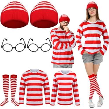 Imagem de Hicarer 7 peças de camisa listrada vermelha e branca para cosplay de Halloween, adulto, masculino, feminino, fantasia, moletom, óculos de feiticeiro, chapéu, meias, roupas de moletom divertidas para