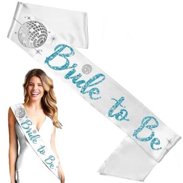 Imagem de Mamma Mia Decoração de festa de despedida de solteira - Bola de discoteca prateada turquesa Bride to Be faixa de cetim branca - Roupa de noiva discoteca de rainha dançante - Faixa branca (DiscoB2B)