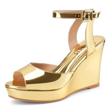 Imagem de Sandálias femininas plataforma plataforma redonda peep bico aberto tira no tornozelo fivela slingback salto alto salto social sapatos de couro envernizado, Patente dourada, 37 BR