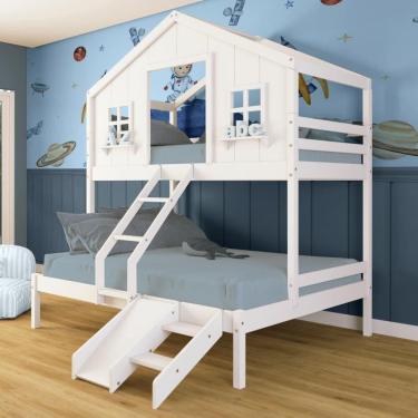 Imagem de Beliche Casal/ Solteiro Casinha Dos Sonhos Com Kit Escada/ Escorregador Madeira Maciça Branco Megamobilia