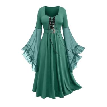 Imagem de ROSE GAL Plus Size Renaissance Costumes Dress for Women Medieval Bell Sleeves Lace-up Midi Dress Halloween Costumes Dress Witch Cosplay Flowy(Green_2/L)