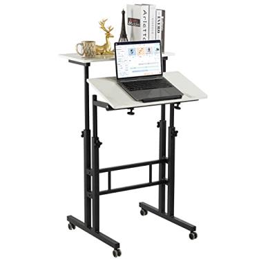 Imagem de Hadulcet Mesa de pé ajustável, mesa de suporte móvel, carrinho de laptop sobre rodas, carrinho de computador com rodinhas para escritório em casa, mesa de rolamento para ficar em pé, branco mármore