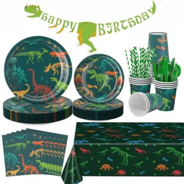 Imagem de ZIRICHER Pratos E Guardanapos De Dinossauro Para Festa Aniversário, Conjunto Talheres Dinossauro, Decoração Prato Chá Bebê, Louça Descartável Com Toalha Mesa, Copo, Faixa, Crianças, Menino, Serve 24