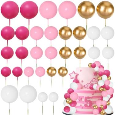 Imagem de MEMOVAN Hot Pink Gold and White Ball Cake Topper Decorations 32PCS Mini Balloons Cake Topper Sticks Foam Balls Cake Picks DIY Pink Girl Ball Cupcake Insert for Cake Baking Wedding Baby Shower Birthday