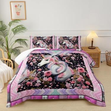 Imagem de lneffble Jogo de cama casal, unicórnio, tamanho casal, unicórnio, rosa, floral, rosa, 1 edredom com 2 fronhas