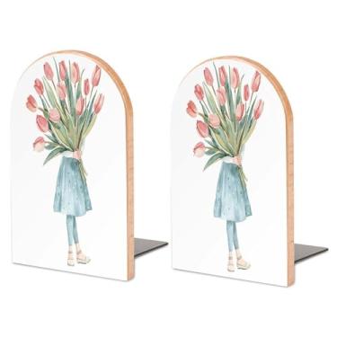 Imagem de Extremidades de livro de madeira de tamanho grande base de metal personalizada um grande buquê de tulipas impressão suporte de livros moderno resistente para casa ou escritório 1 par
