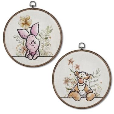 Imagem de Giosve Pôster emoldurado em tela redonda de porco e tigre fofo para berçário, decoração de quarto infantil, desenho animado porco, tigre, floral, esculturas de parede para decoração de quarto de