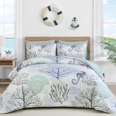 Imagem de WONGS BEDDING Conjunto de cama King com tema de praia costeira, 7 peças, oceano, algas marinhas e estrela-do-mar, cama de verão em uma bolsa (264 cm x 224 cm)