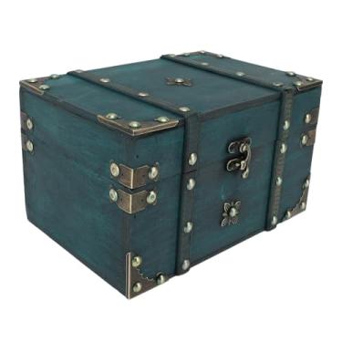 Imagem de LiebeWH Caixa de baú de Tesouro de Madeira Vintage Com Detalhes Em Metal e Couro para Armazenamento de Jóias Ideal para Decoração de Quarto Em Casa (Verde)