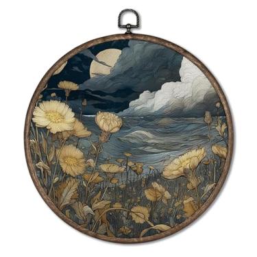 Imagem de Giosve Pôster emoldurado em tela de parede floral vintage, retrô lua nuvem cottagecore flores silvestres botânicas penduradas esculturas de parede para decoração de casa, quarto, sala de estar, 25 x