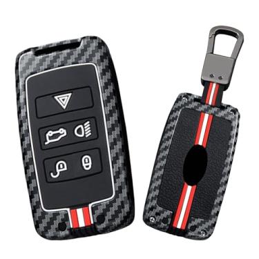 Imagem de HIBEYO Capa de chaveiro de carro adequada para Range Rover Evoque Velar Discovery LR4 Land Rover Sport Explore capa de chave de metal e silicone que brilha no escuro - um chaveiro (linhas vermelhas e