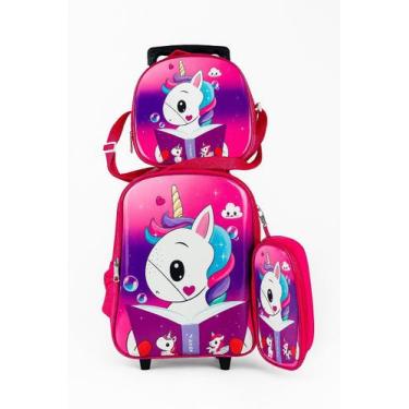Imagem de Kit Mochila Escolar Unicórnio com Rodinhas + Estojo + Lancheira Térmic
