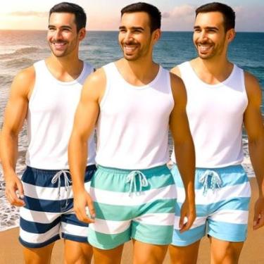 Imagem de KIT 3 Shorts Tactel Bermuda Masculino Praia LISTRADO 1087-Masculino