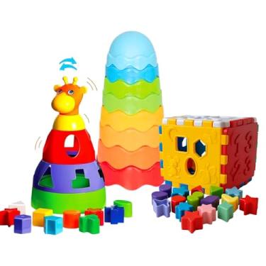 Imagem de Kit Brinquedos Educativos Bebê 1 Ano Blocos Didáticos Encaixe Formas Cores Coordenação Motora Interativo Pedagógico Atividades Torre de Empilhar Multicolorido Estimula Desenvolvimento